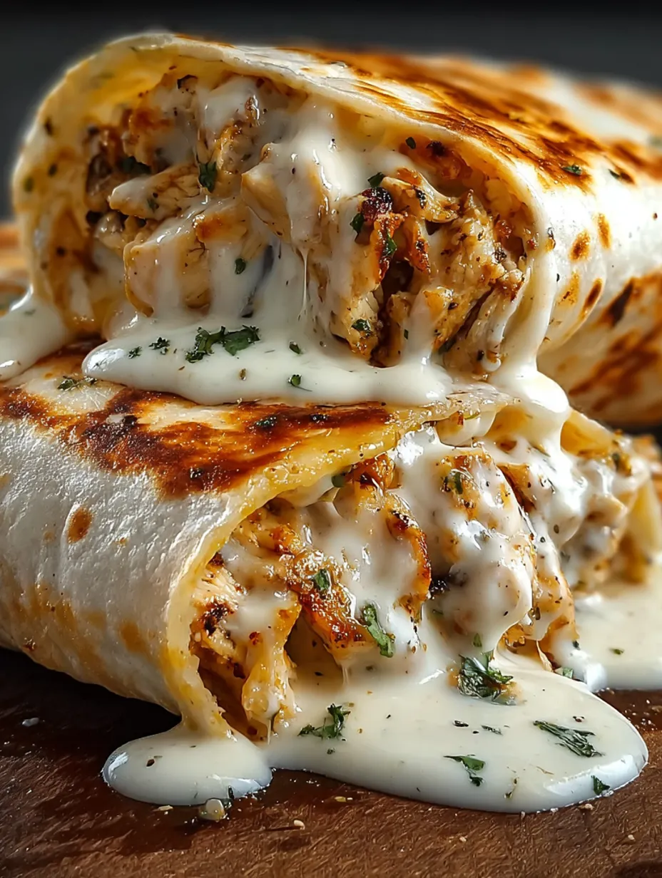 A close up of a delicious garlic chicken wrap.