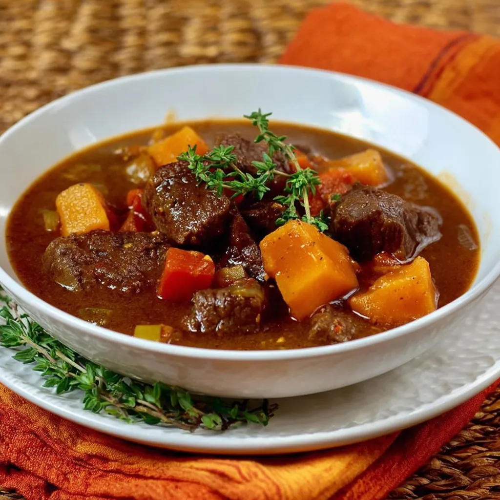 A bowl of stew with meat and vegetables.