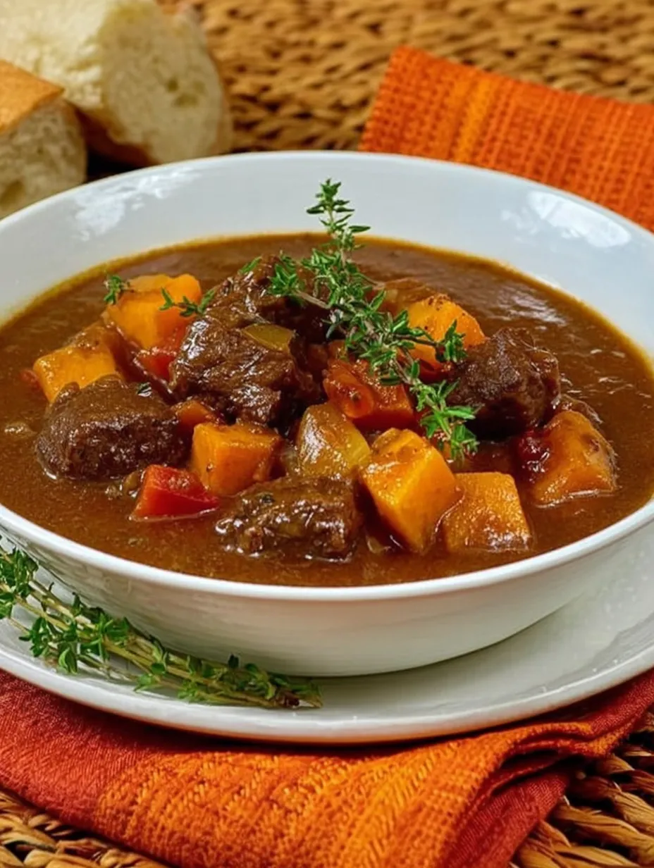 A bowl of stew with pumpkin and meat.