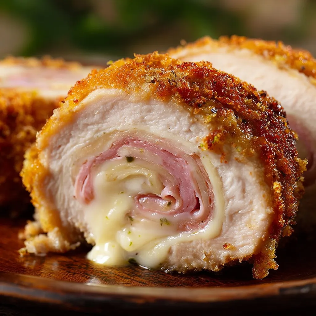 A piece of crispy, creamy chicken cordon bleu.