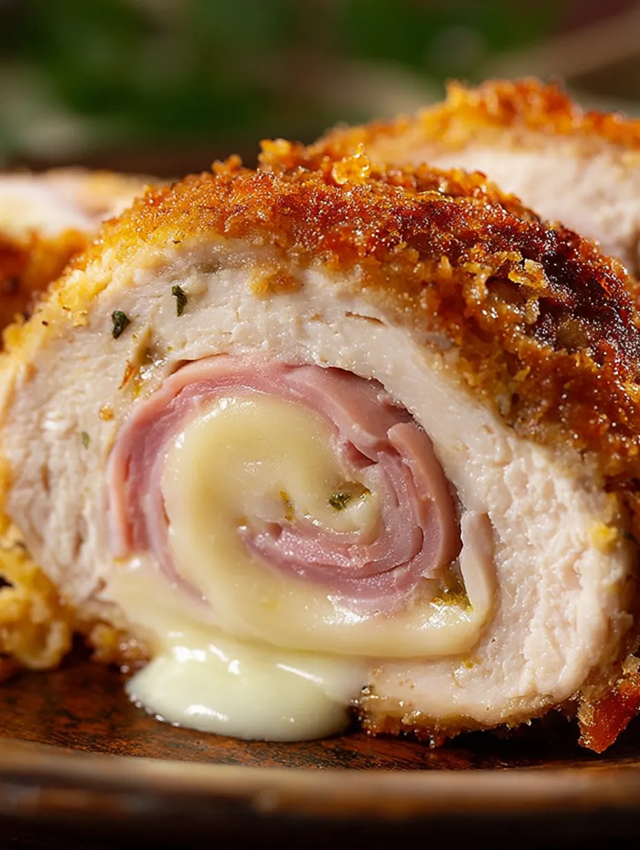 A piece of chicken with cheese and ham wrapped around it.