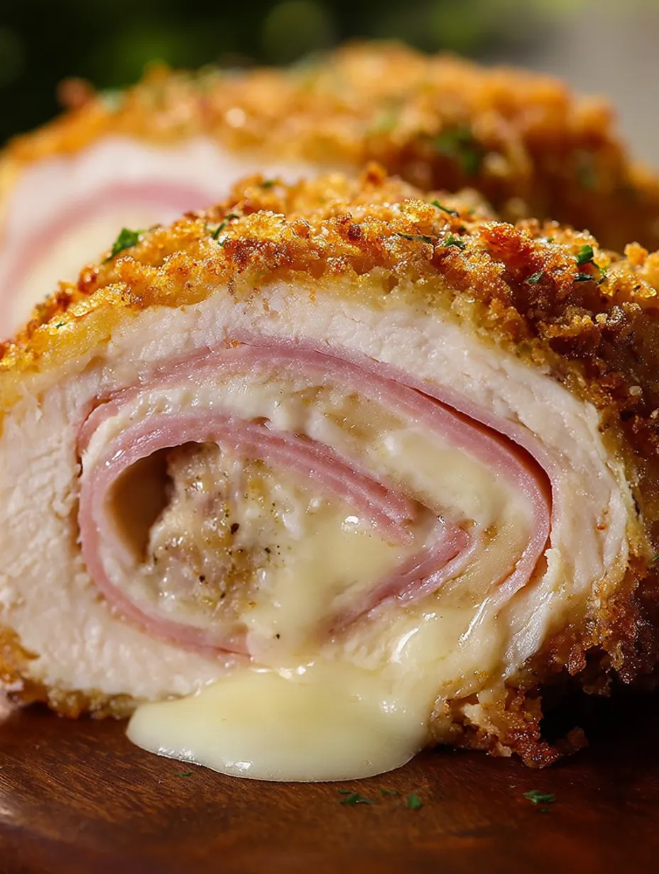 A piece of chicken with cheese and ham wrapped around it.