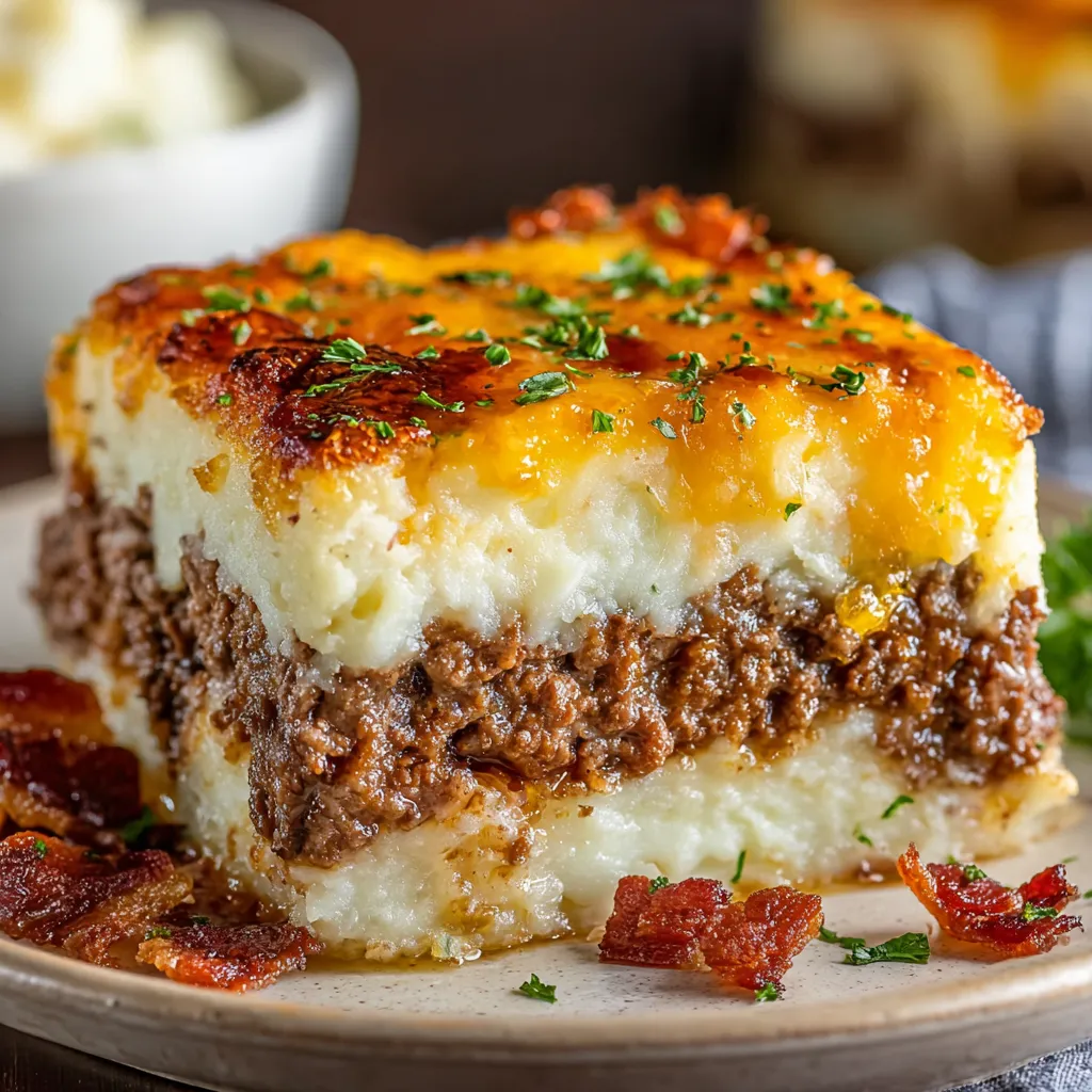 A slice of meatloaf with mashed potatoes and cheese.