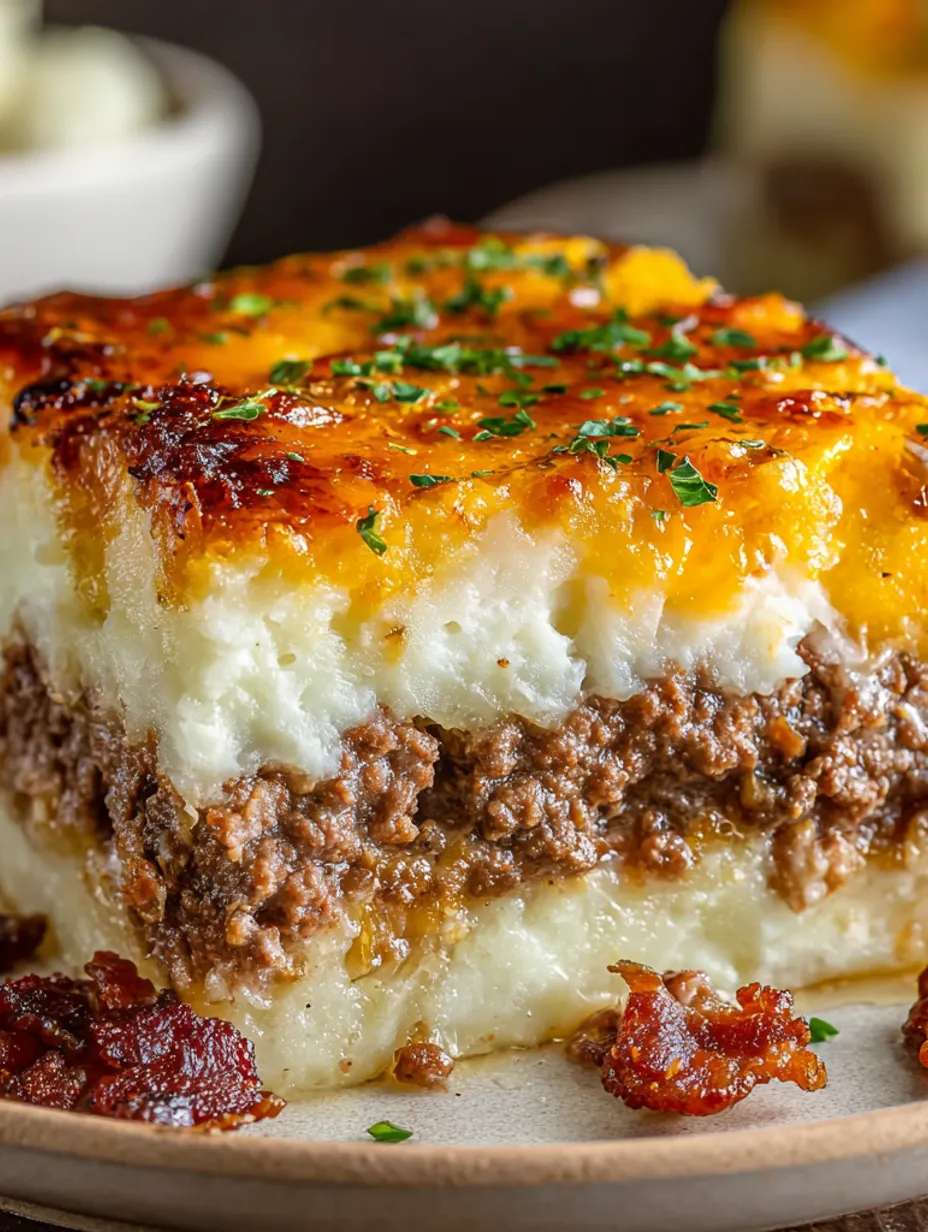 A slice of meatloaf with mashed potatoes and cheese.