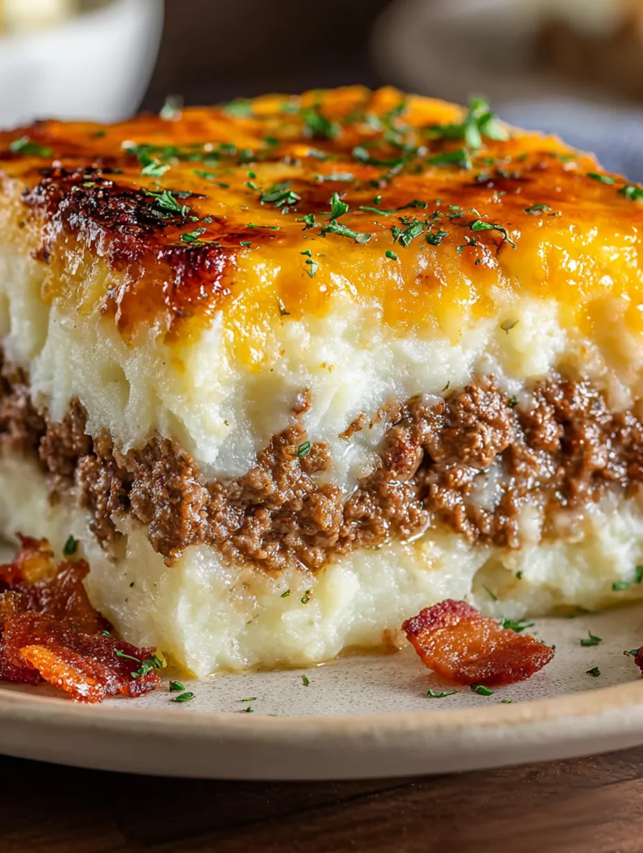 A slice of meatloaf with mashed potatoes and cheese.