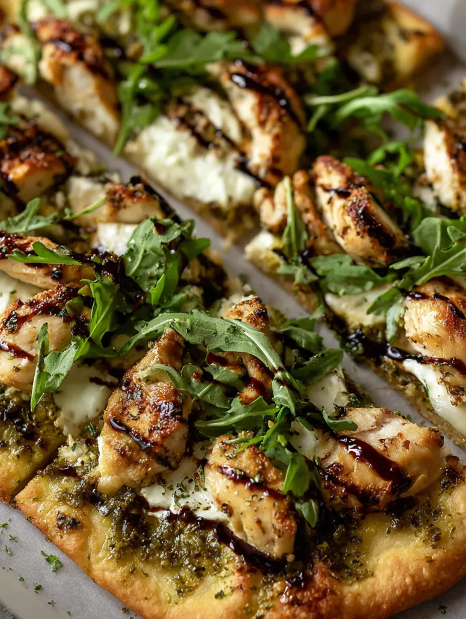 A pesto chicken flatbread with greens and sauce.