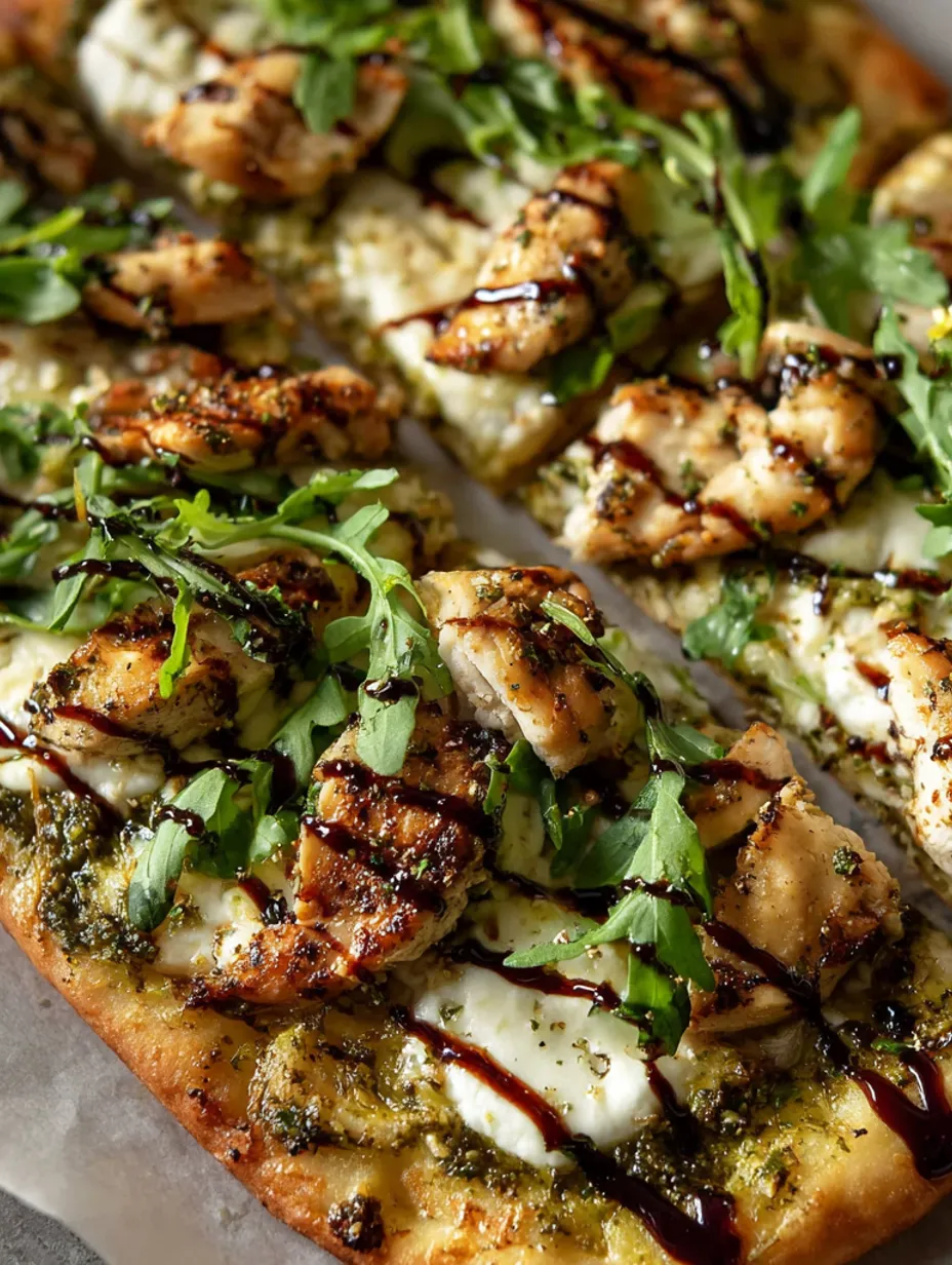A pesto chicken flatbread with sauce drizzled on top.
