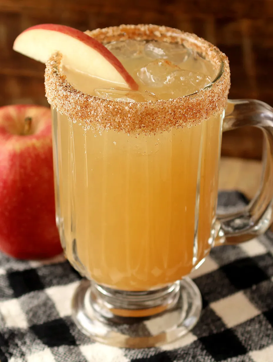 A glass of apple cider with a slice of apple on top.