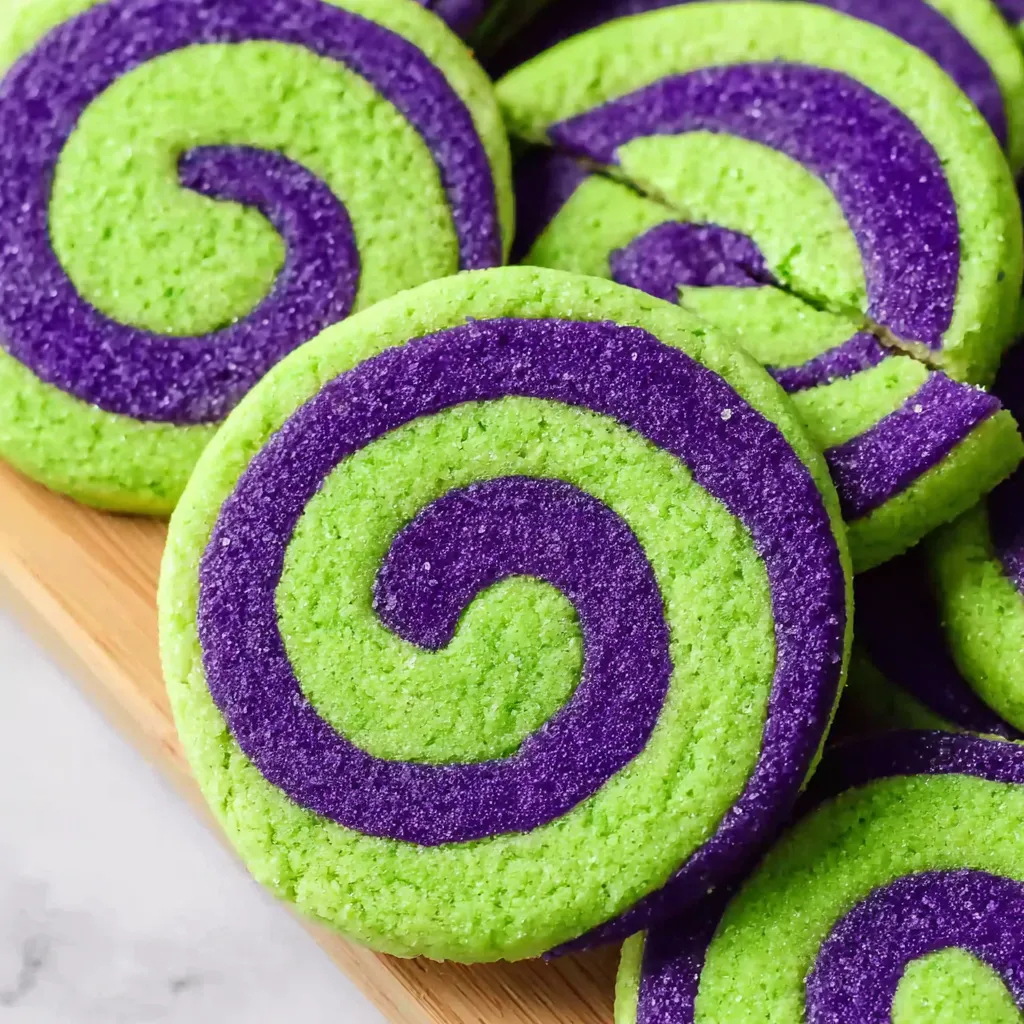 Halloween pinwheel cookies on a wooden board.