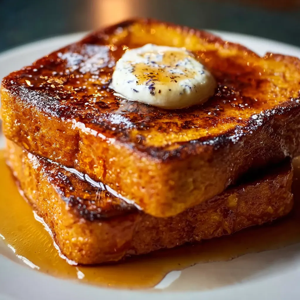 A stack of French toast with a dollop of butter and syrup.