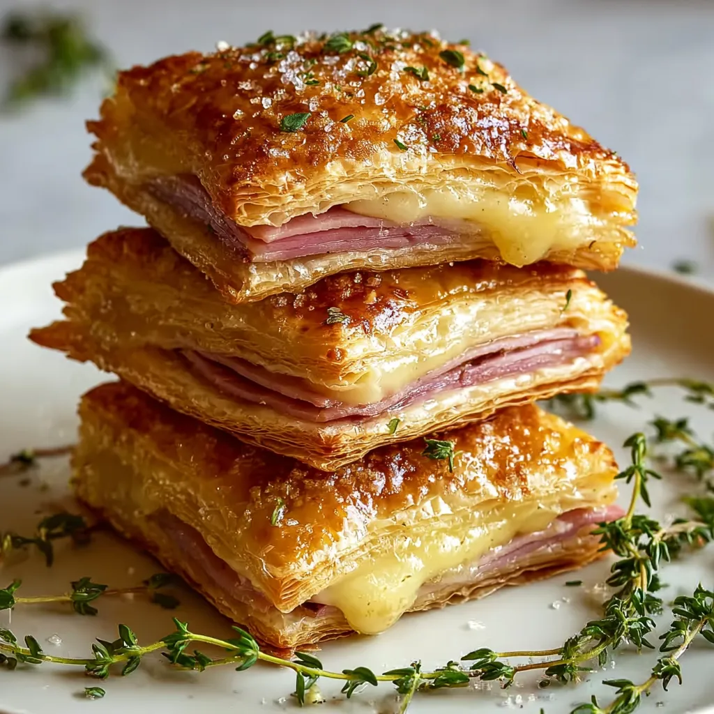 Three stacks of crispy ham and cheese puff pastry.
