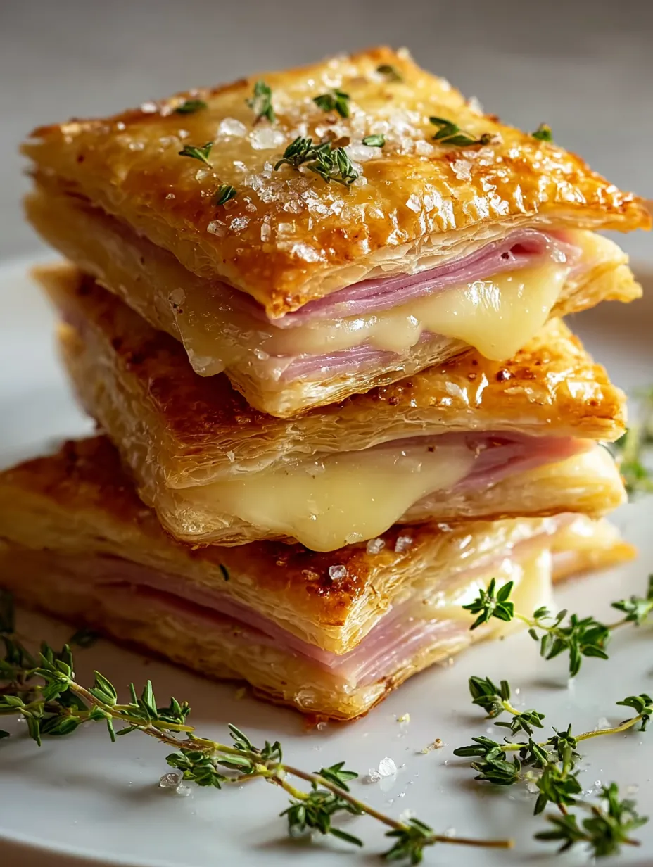 Three stacks of crispy ham and cheese puff pastry.