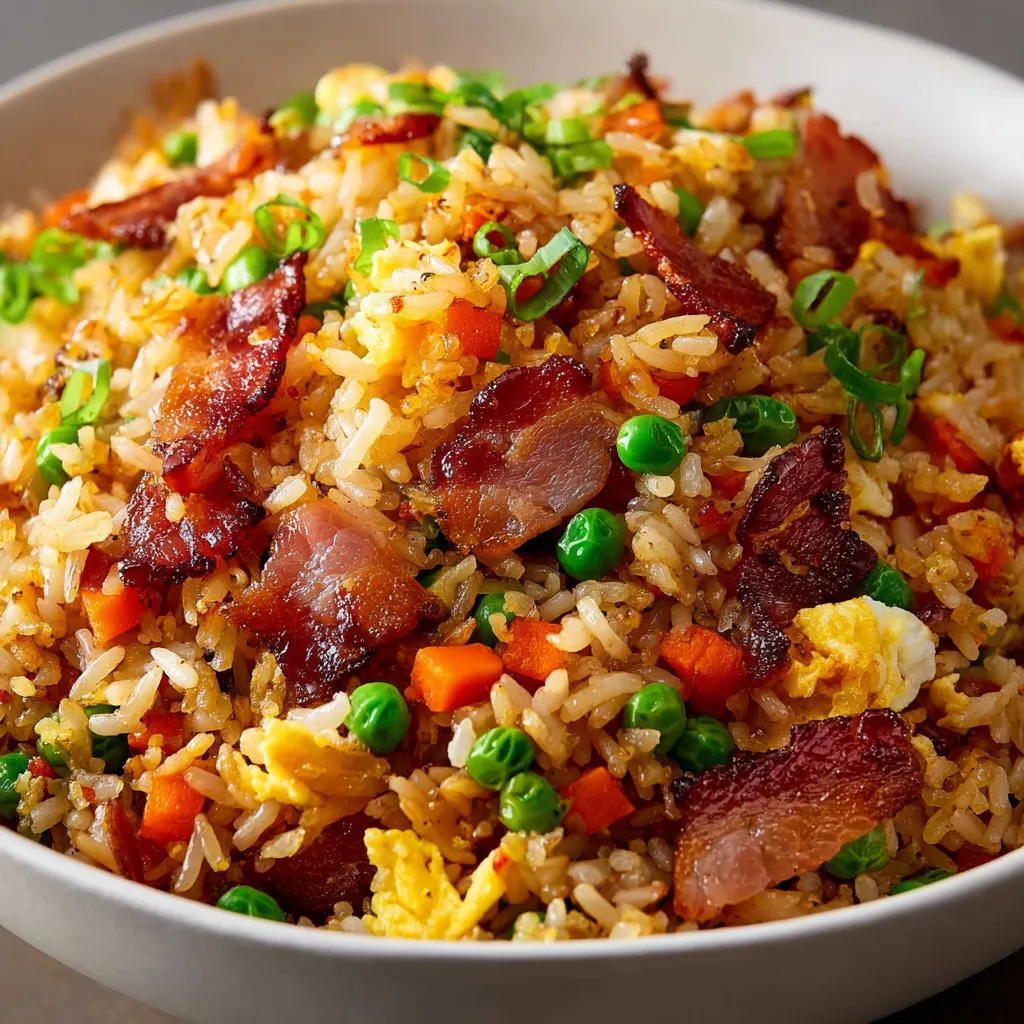 A bowl of fried rice with bacon.