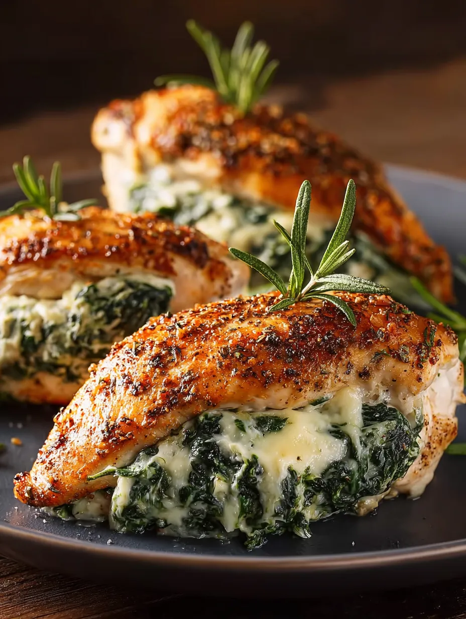 Two pieces of chicken with spinach and cheese.