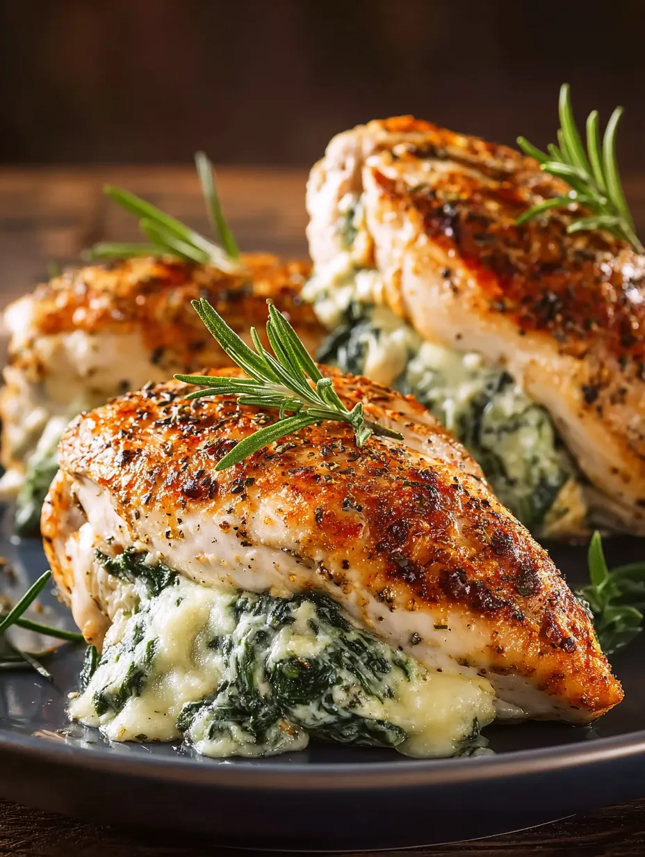 Two pieces of chicken with spinach and cheese.