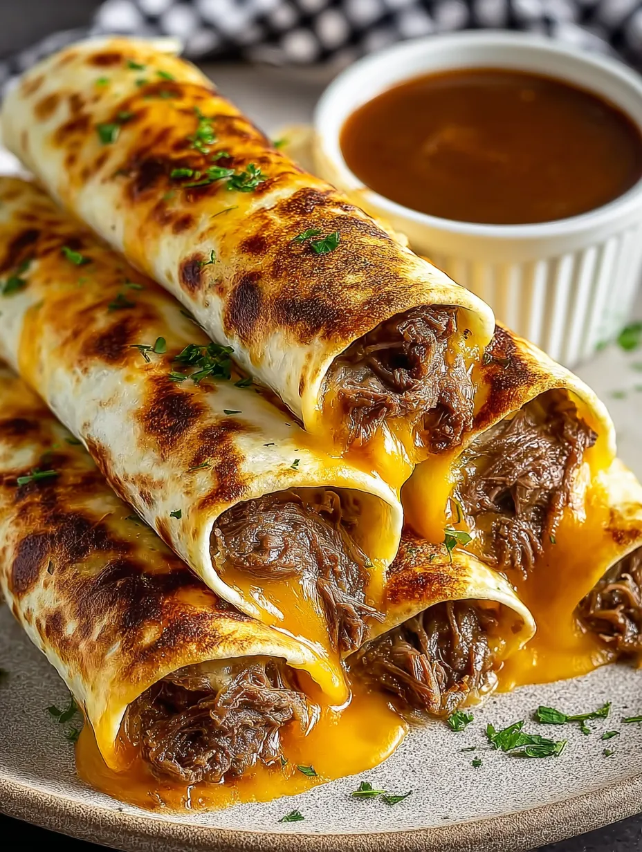 French dip tortilla roll ups with cheese and meat.