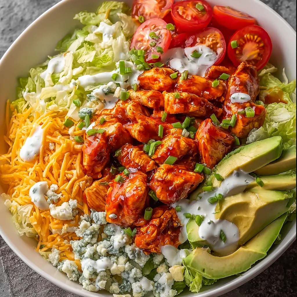 A bowl of food with chicken, lettuce, tomatoes, and avocado.