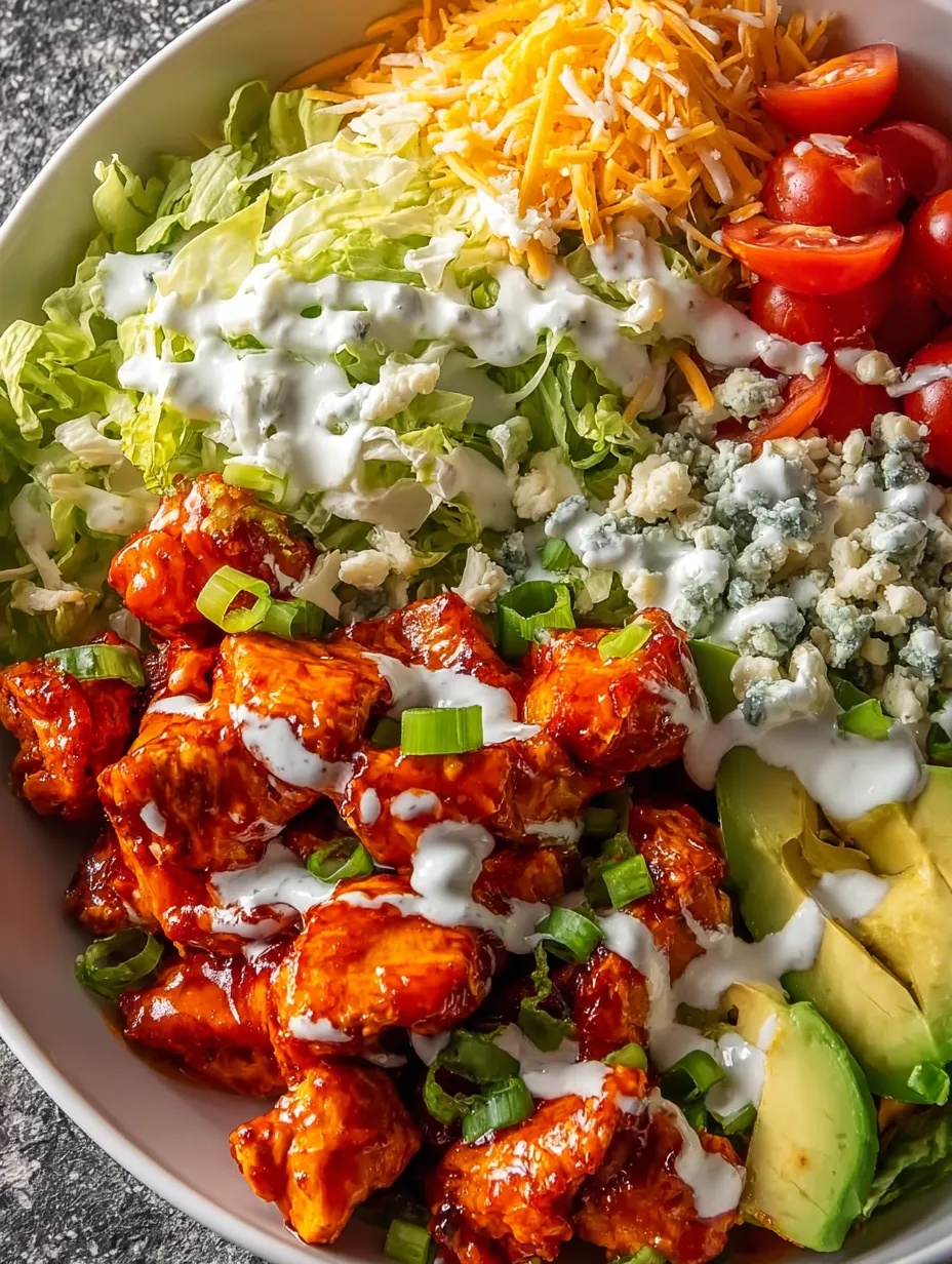 A bowl of chicken with blue cheese and ranch dressing.