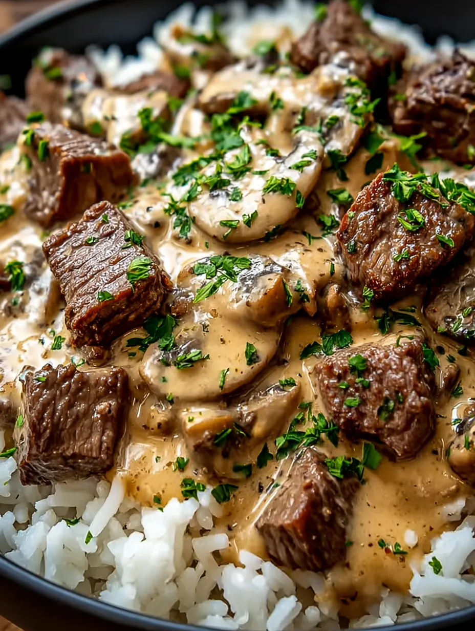 A close up of a delicious steak queso rice dish.