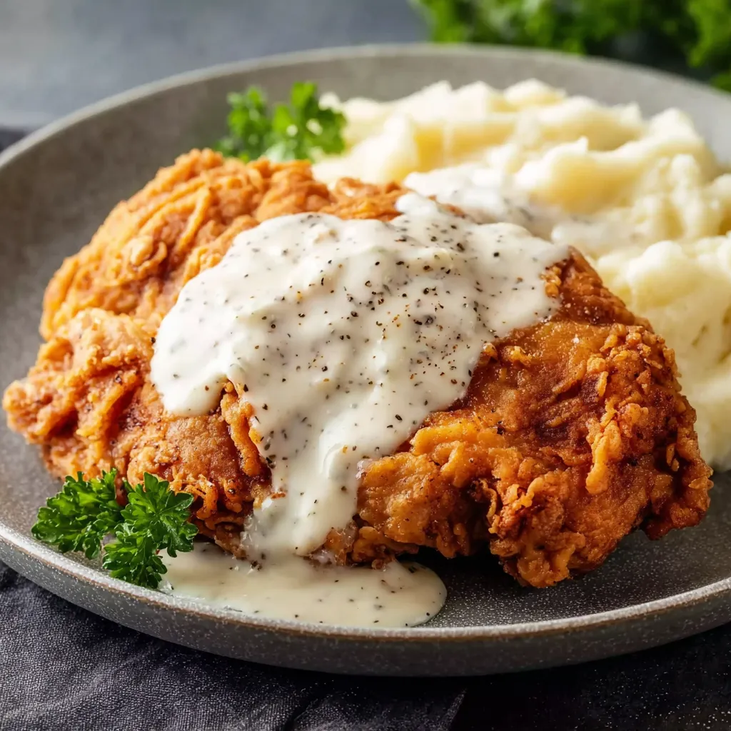 A plate of chicken fried chicken with gravy.