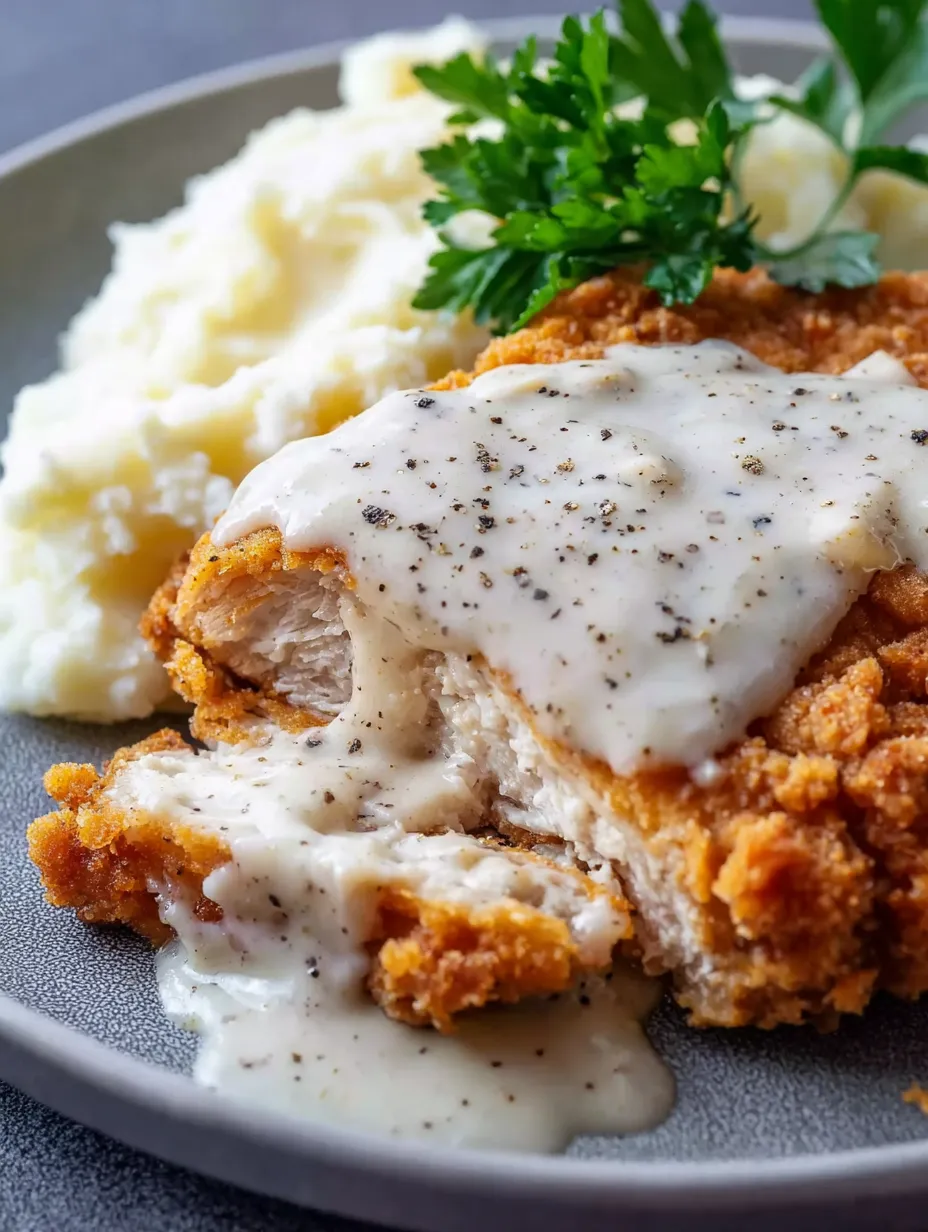 A plate of chicken fried chicken with mashed potatoes and a green garnish.