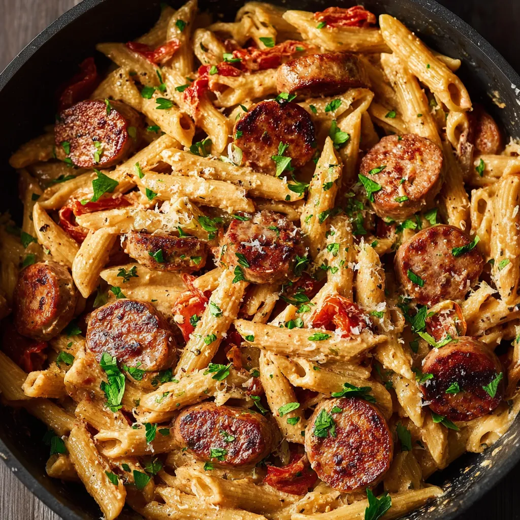 A bowl of pasta with sausage and tomatoes.