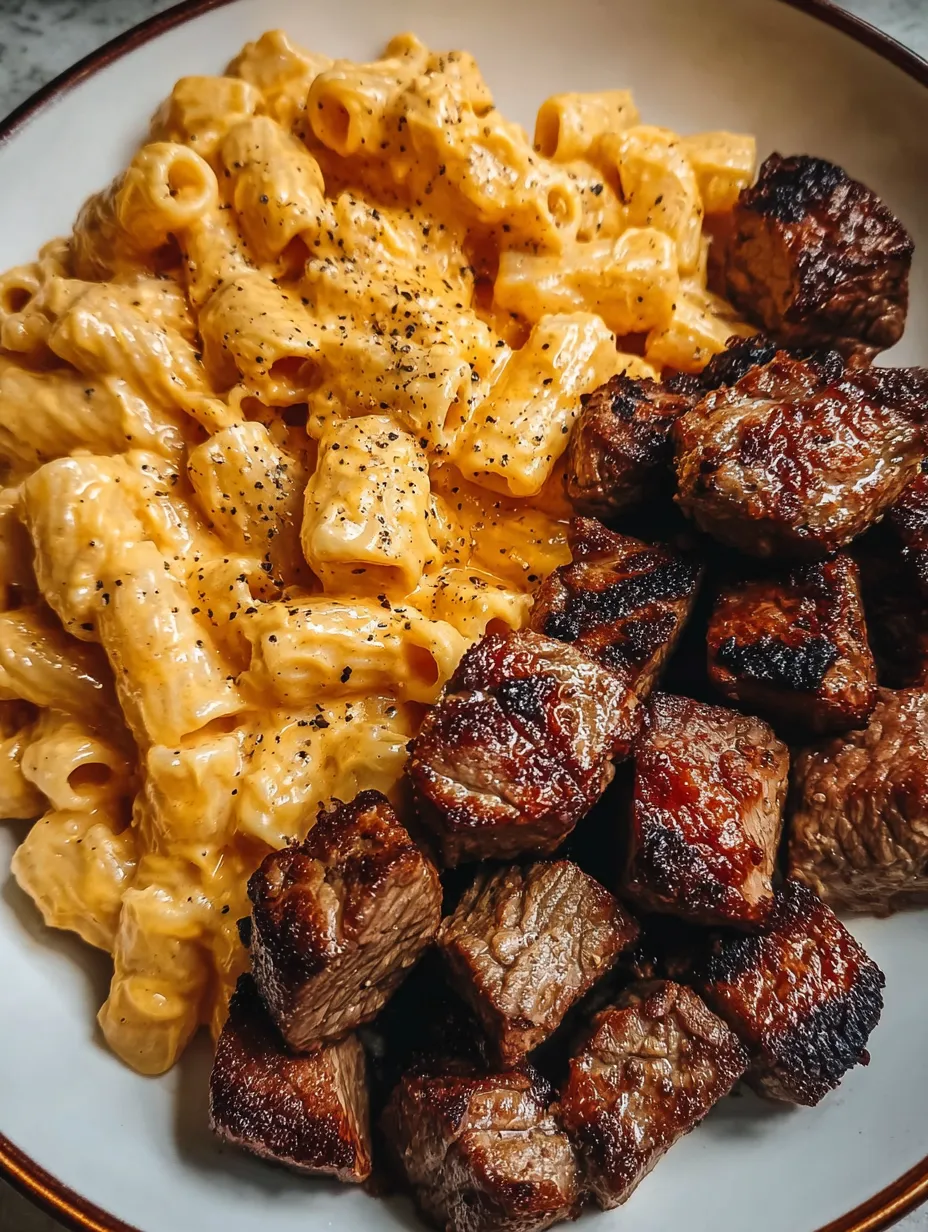A plate of food with macaroni and cheese and steak.