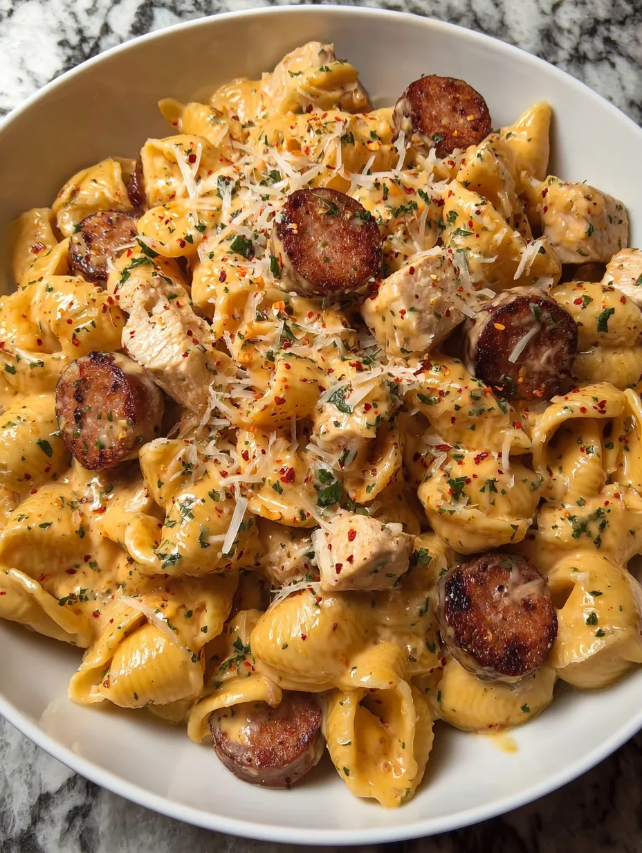 A bowl of creamy cajun chicken and smoked sausage pasta.