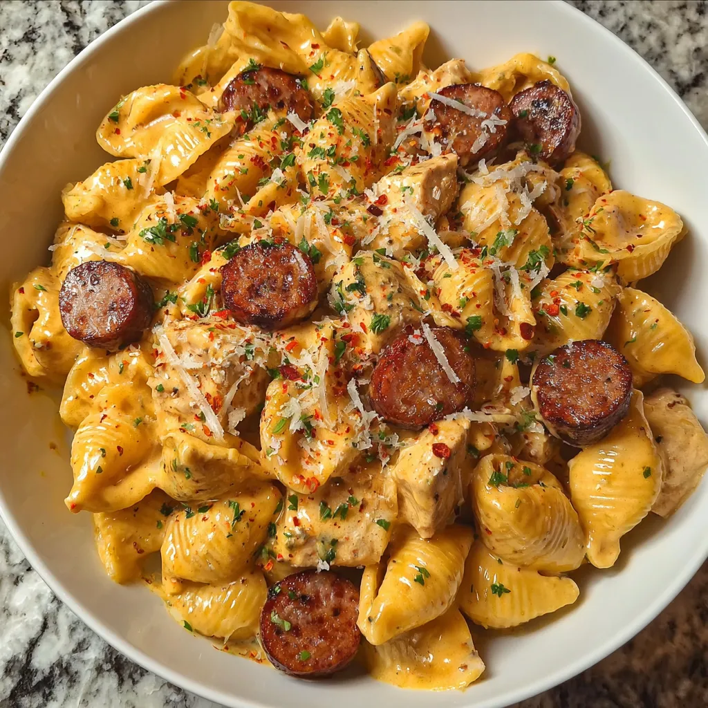 A plate of pasta with chicken and sausage.