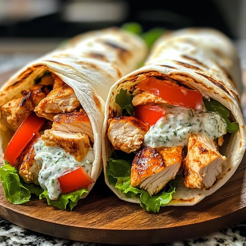 Une image de gyros de poulet méditerranéens avec une sauce crémeuse de feta et tzatziki.