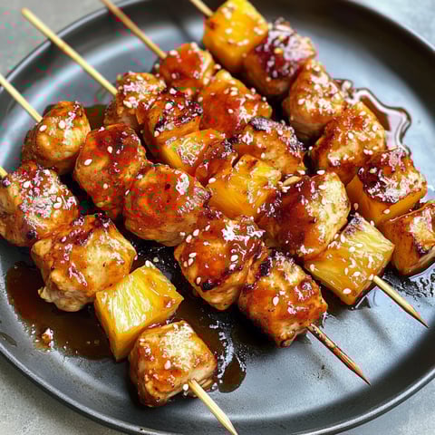 Des kabobs de poulet grillé avec des fruits de pineapple et de la sauce.