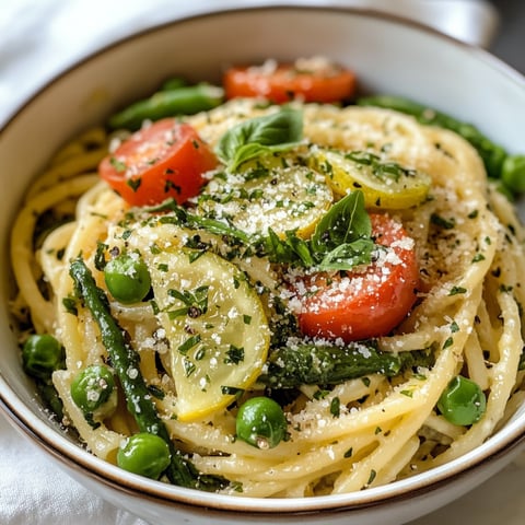 Une assiette de spaghetti avec des légumes d'été, y compris des tomates, des poivrons, des épinards et des herbes de citron.