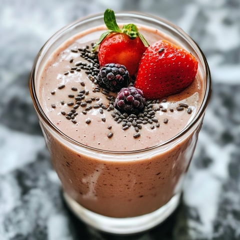 Un verre rempli de smoothie contenant des fraises, des baies, des strawberries et des graines.