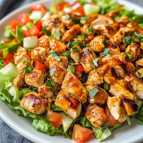 Une salade de poulet grillé avec des légumes verts et des tomates.