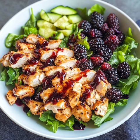 A bowl of chicken salad with blackberries.