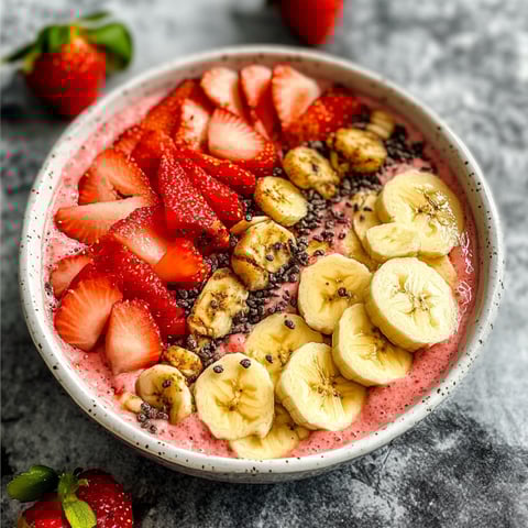 A bowl of strawberry banana smoothie.