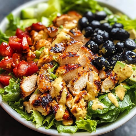 A bowl of chicken salad with lettuce, tomatoes, and blueberries.