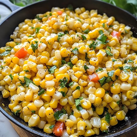 A skillet of corn with green herbs.
