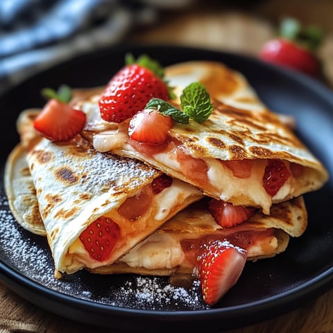 Strawberry cheesecake quesadillas with strawberries on top.