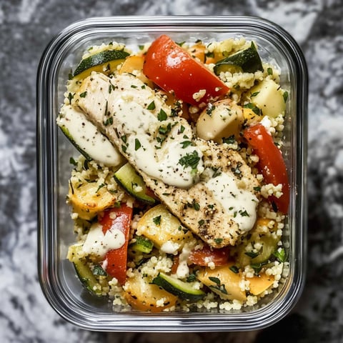 A container of roasted vegetable couscous meal prep.