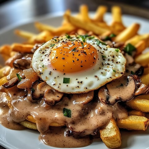 A stack of fries has a fluffy egg sitting right on top.