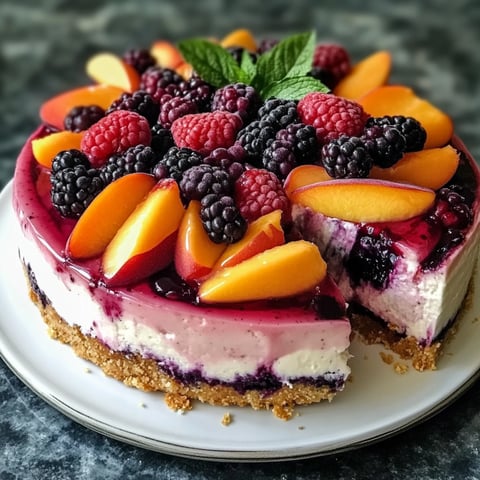 A cherry and pear fruit tart topped with fresh fruit and mint leaves.