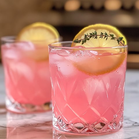 Two glasses of pink lemonade cocktail sitting on a table.