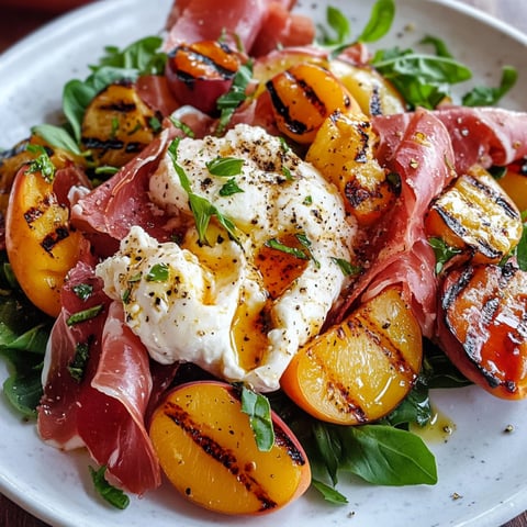 A summery salad with charred nectarines, burrata, prosciutto, and fresh basil leaves.