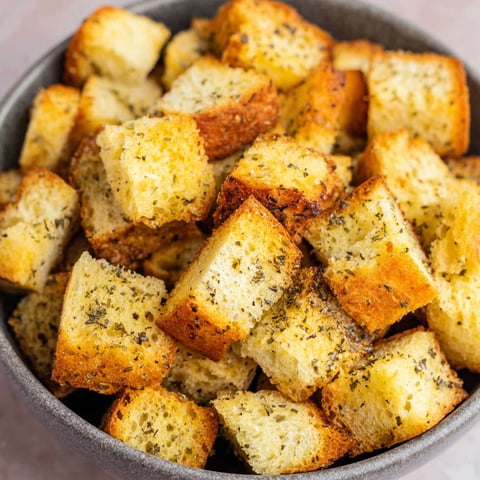 A bowl of crispy air fryer croutons.