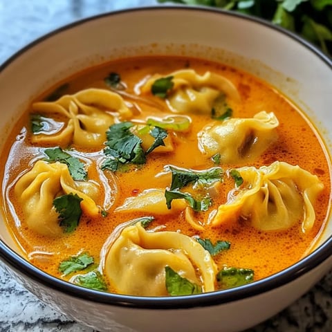 A bowl of Thai red curry dumpling soup.