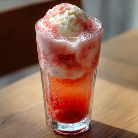 A glass of a red drink with a scoop of ice cream in it.