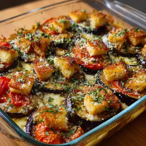 A dish of baked eggplant boats with mozzarella, tomato and herbs.