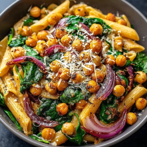 A bowl of pasta with roasted chickpeas and spinach.