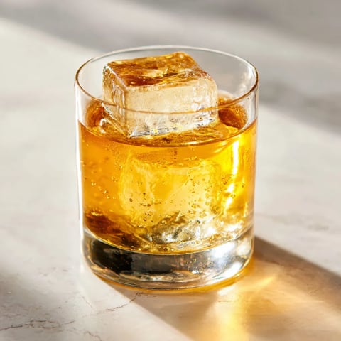 A glass of Godfather cocktail with ice.